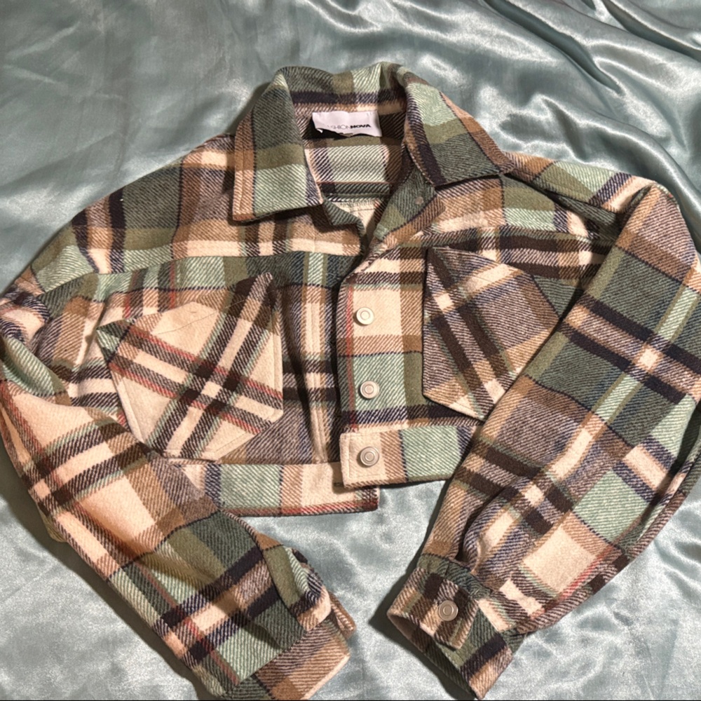 Fashion Nova Plaid Cropped Jacket - Green and Cream